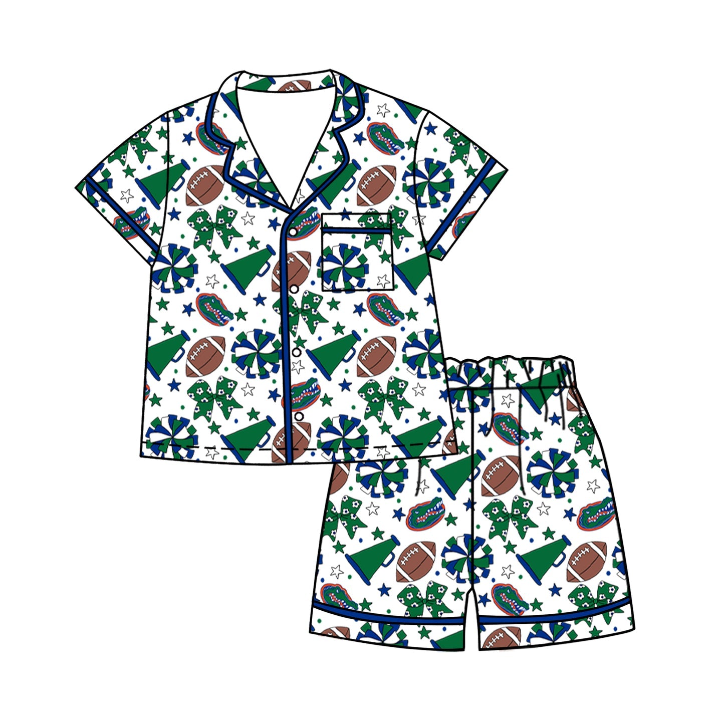 Preorder (moq 5)Baby Girls Footballs Bows Button Pocket Top Short Team Clothes Sets