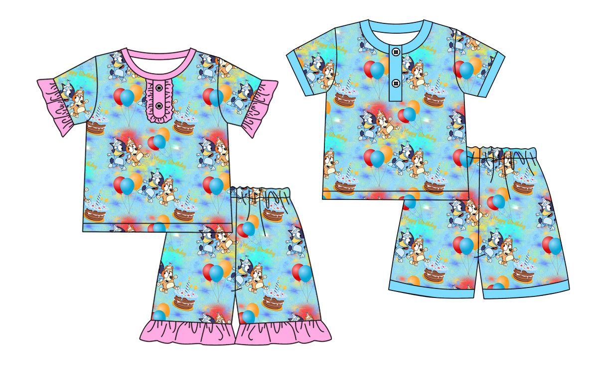 Preorder moq 5 Custom Baby Kids Blue Short Sleeves Cartoon Dogs Button Top Short Pajamas Sets