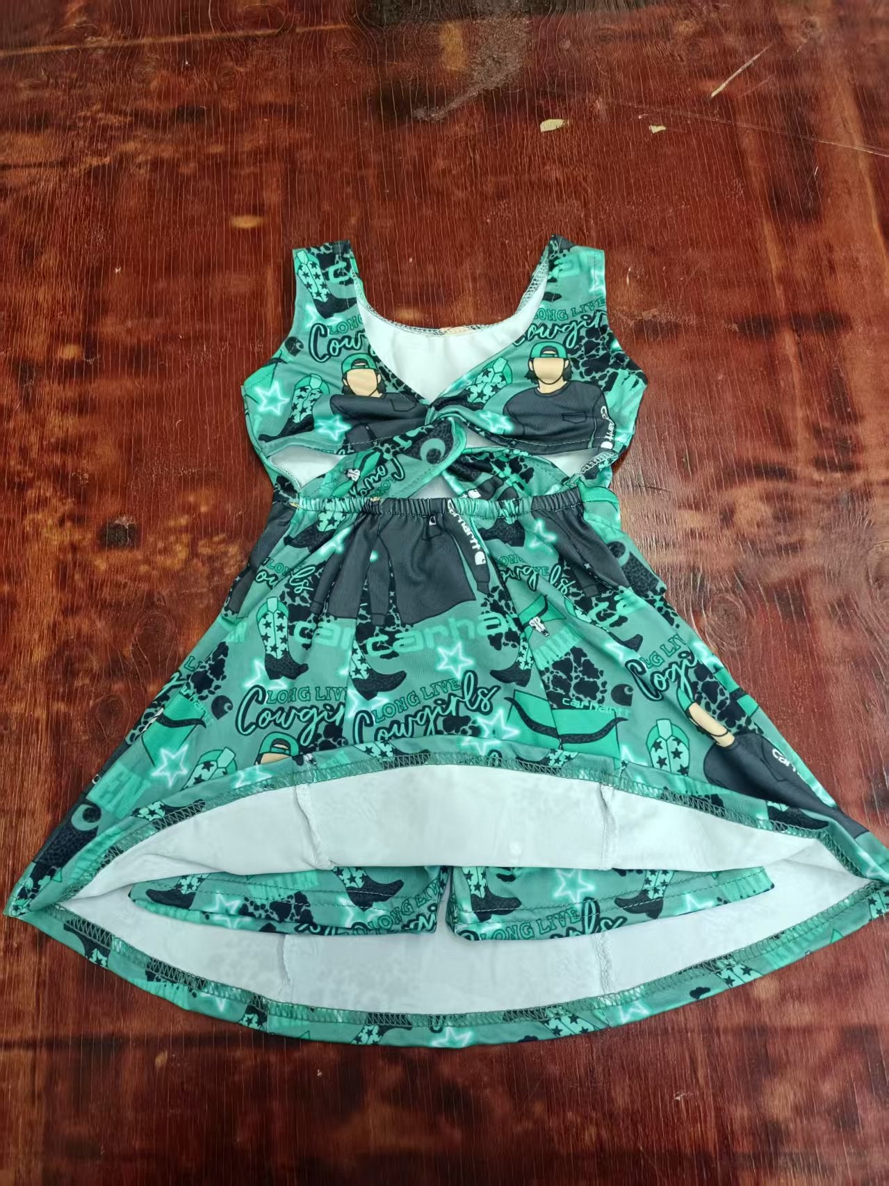 Preorder moq 5 Baby Girls Green Sleeveless Boots Cow Print Skort Knee Length Dresses