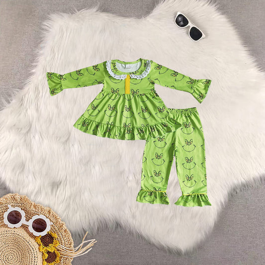 Sibling Baby Girls Christmas Green Face Tunic Ruffle Pants Outfits Sets