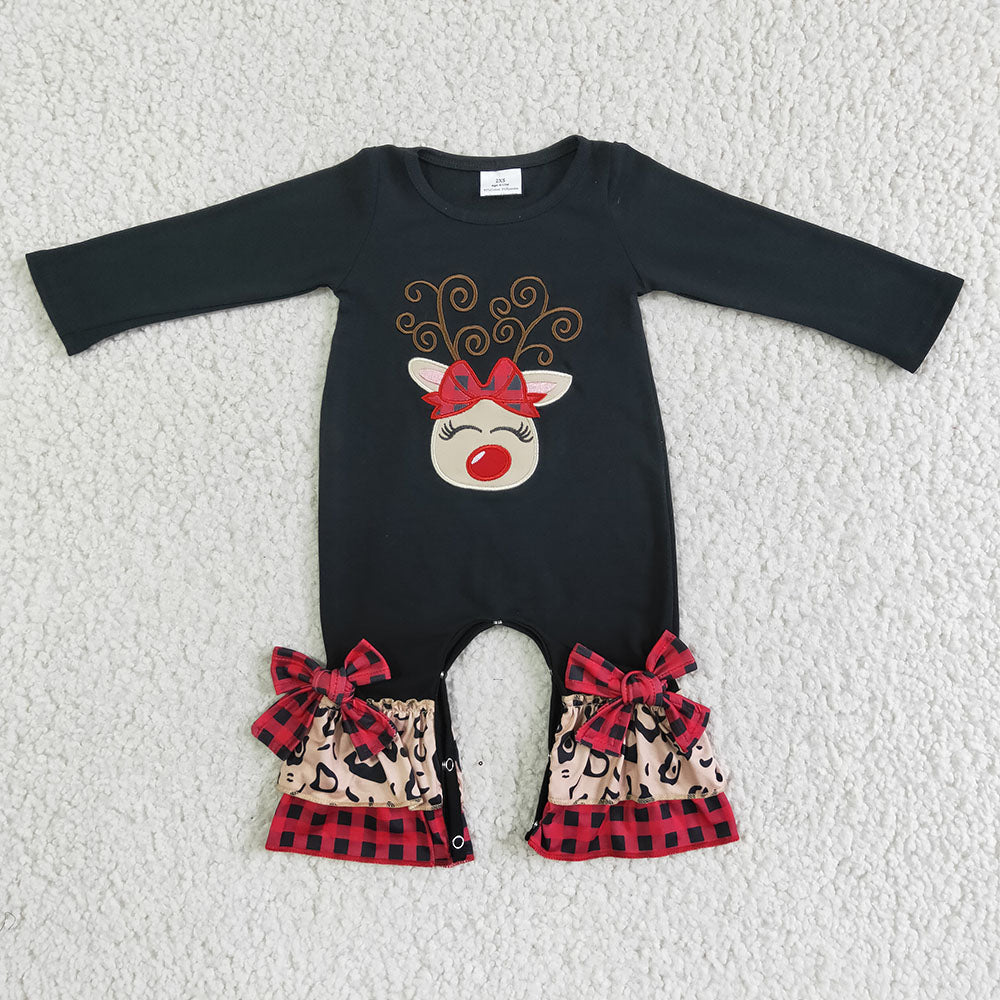 USA Shop Baby Girls Long Sleeves Embroidery Christmas Reindeer Black Rompers