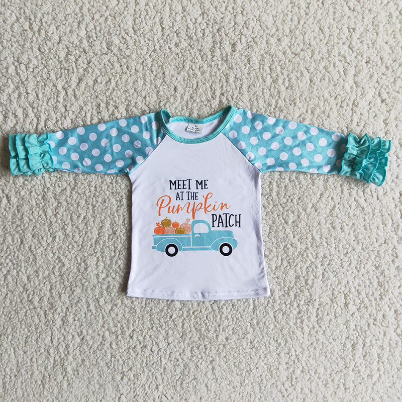 Baby Girls Meet Me Pumpkin Tractor Blue Dots Long Sleeve Tee Shirts Tops