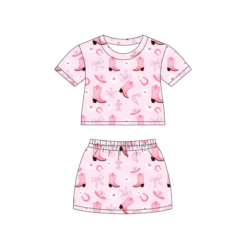 Preorder (moq 5)Baby Girls Pink Hats Boots Bows Top Skirt Shorts Western Clothes Set