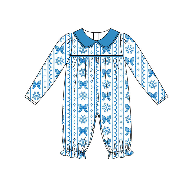 Preorder (moq 5)Baby Girls Bows Snowflakes Stripe Christmas Ruffle Pant Rompers