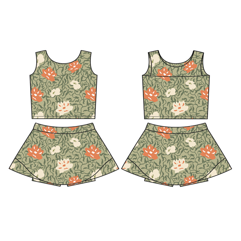 Preorder (moq 5)Baby Girls Green Sleeveless Flowers Top Skort Yoga Active Set
