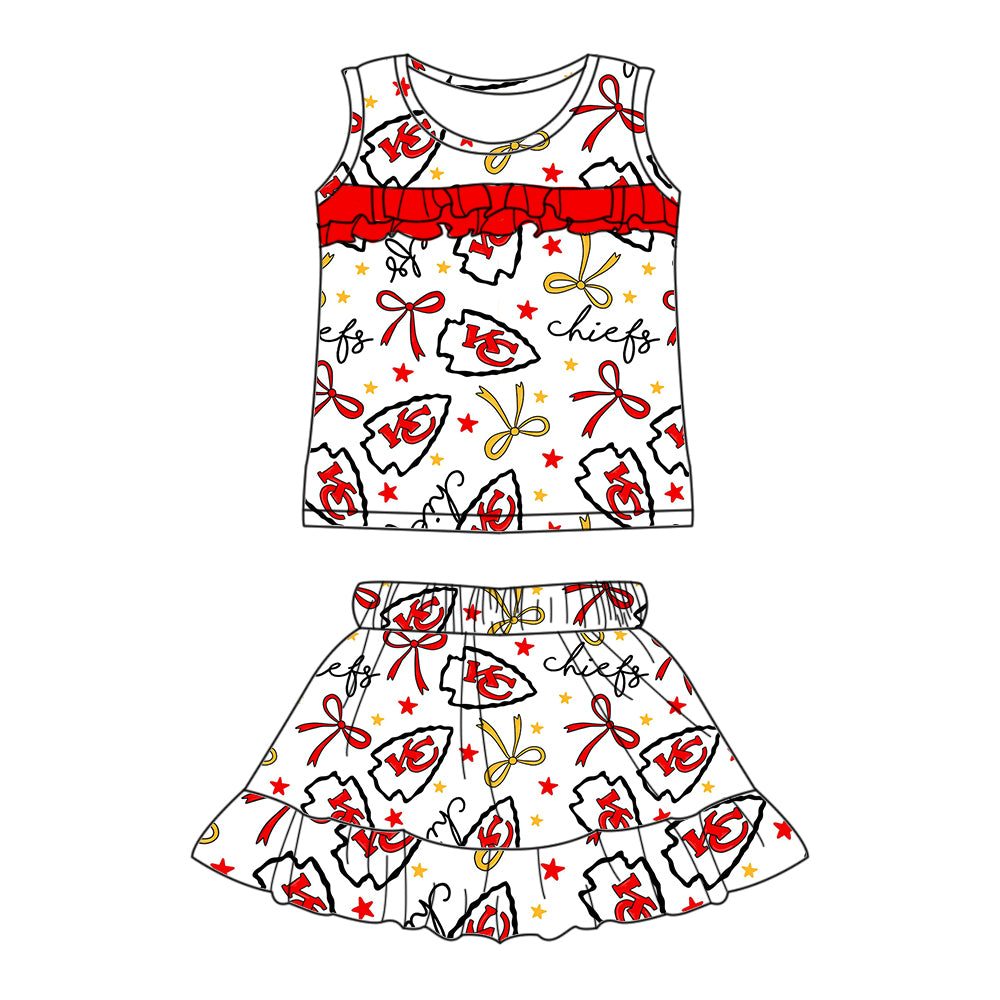 Preorder (moq 5)Baby Girls Sleeveless Red KC Bows Stars Top Ruffle Skorts Team Set
