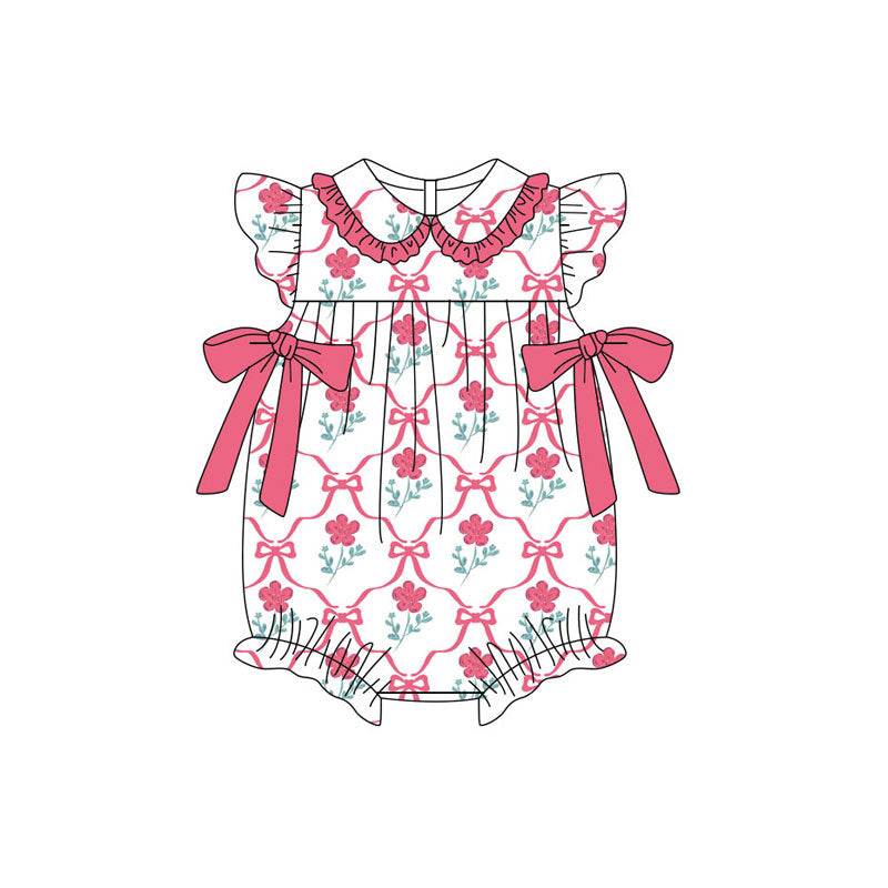 Preorder (moq 5)Baby Girls Flutter Sleeve Pink Flowers Bows Checked Ruffle Collar Rompers