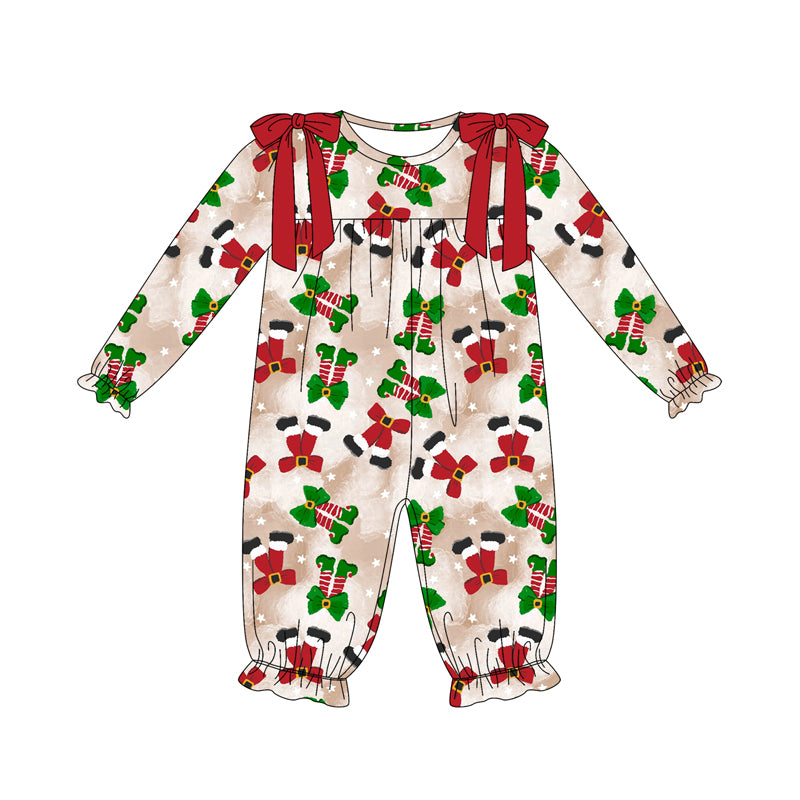 Preorder (moq 5)Baby Girls Long Sleeves Red Green Socks Stars Plaid Ruffle Pant Romper