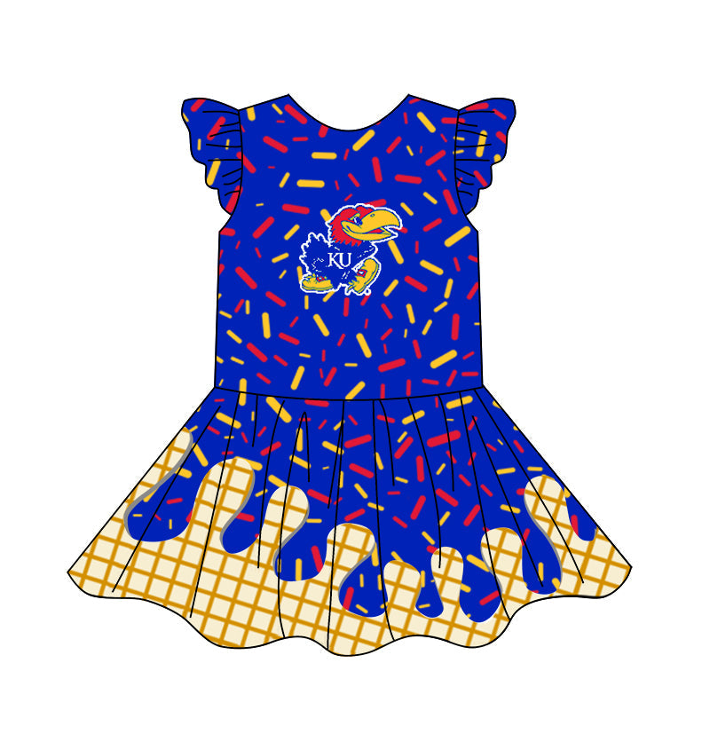 Preorder (moq 5)Baby Girls Flutter Sleeve Drip Sprinkles Team Short Knee Length Dresses