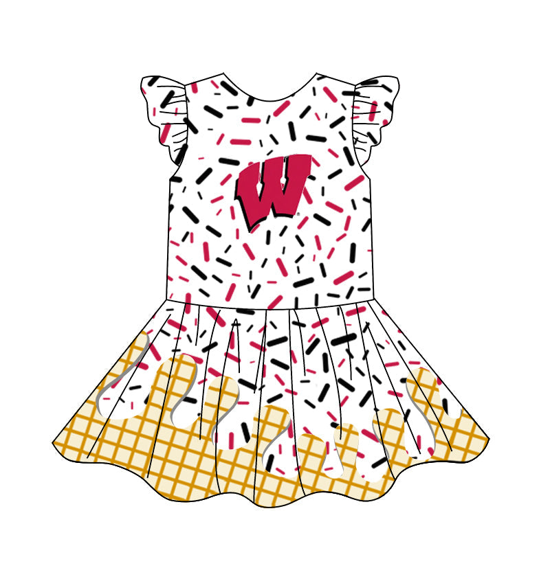 Preorder (moq 5)Baby Girls Flutter Sleeve Drip Sprinkles Team Short Knee Length Dresses