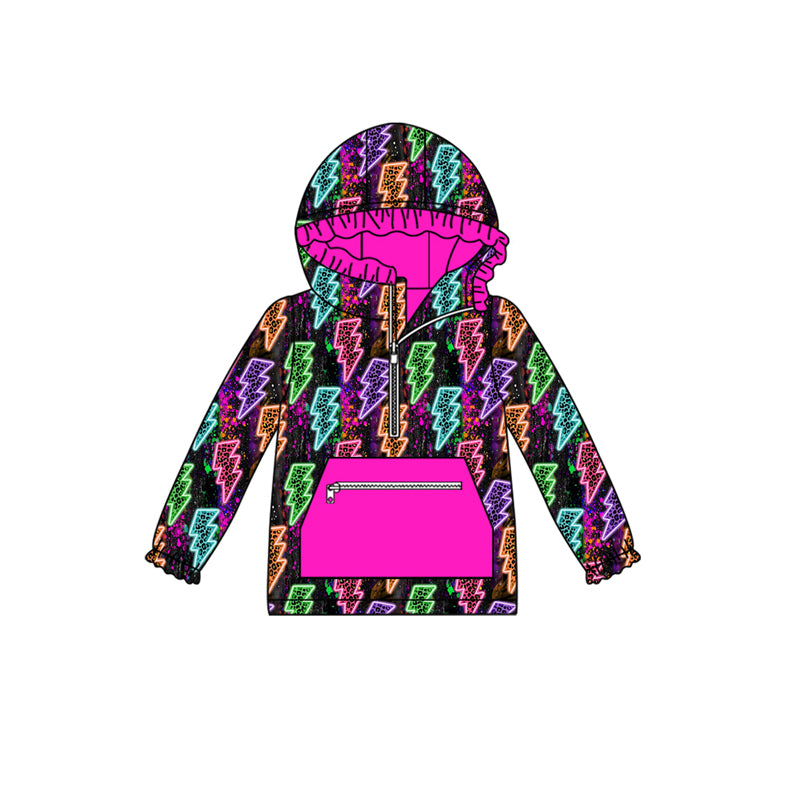 Preorder (moq 5)Baby Girls Long Ruffle Sleeves Colorful Lights Pocket Zipper Hoodies Top