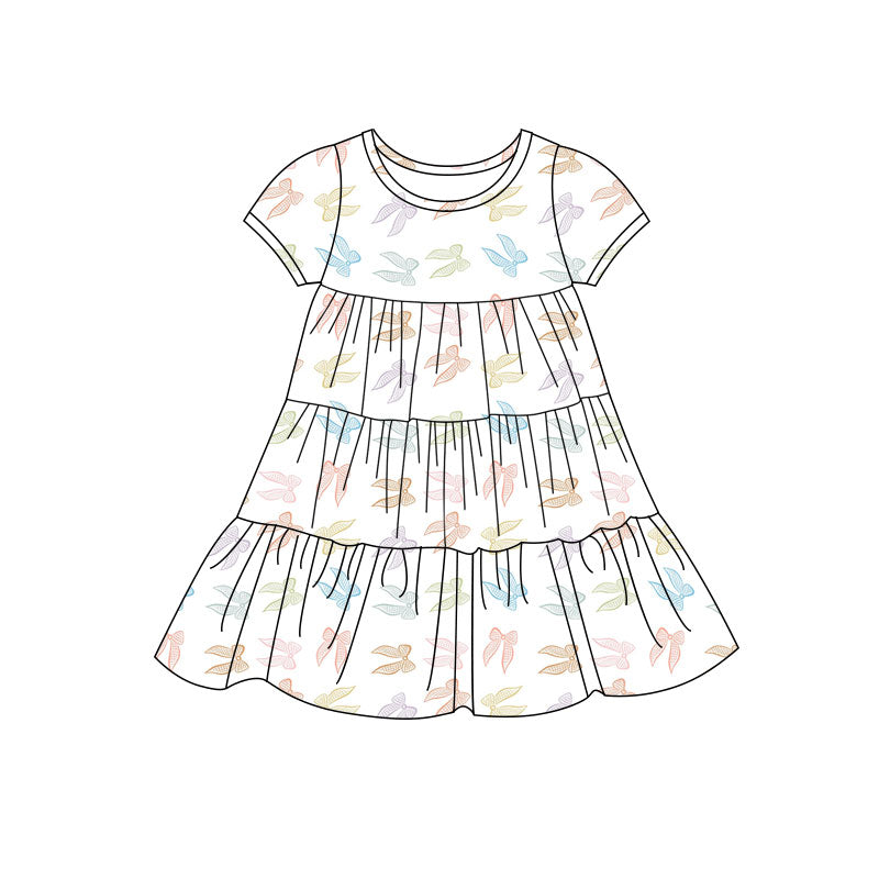 Preorder(moq 5) Baby Girls Colorful Bows Patchwork Ruffle Knee Length Dresses