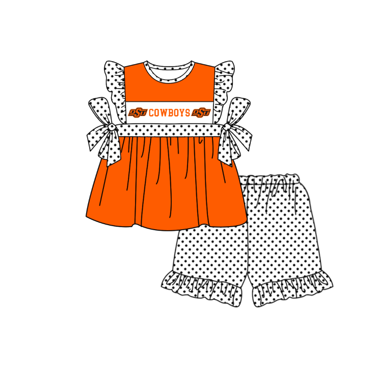 Preorder (moq 5)Baby Girls Flutter Sleeve Cowboys Tunic Polka Dots Ruffle Shorts Team Clothes Sets