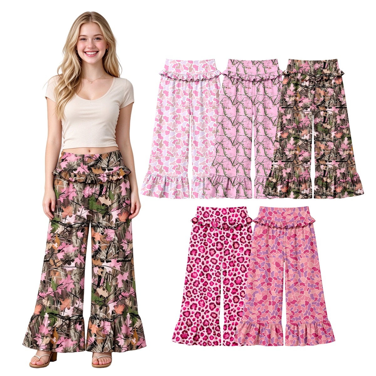 Preorder (moq 5) Women Clothes Pink Maple Leaf Camo Print High Waist Ruffle Hem Wide Leg Pants