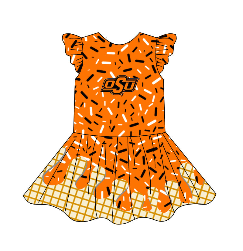 Preorder (moq 5)Baby Girls Flutter Sleeve Drip Sprinkles Team Short Knee Length Dresses