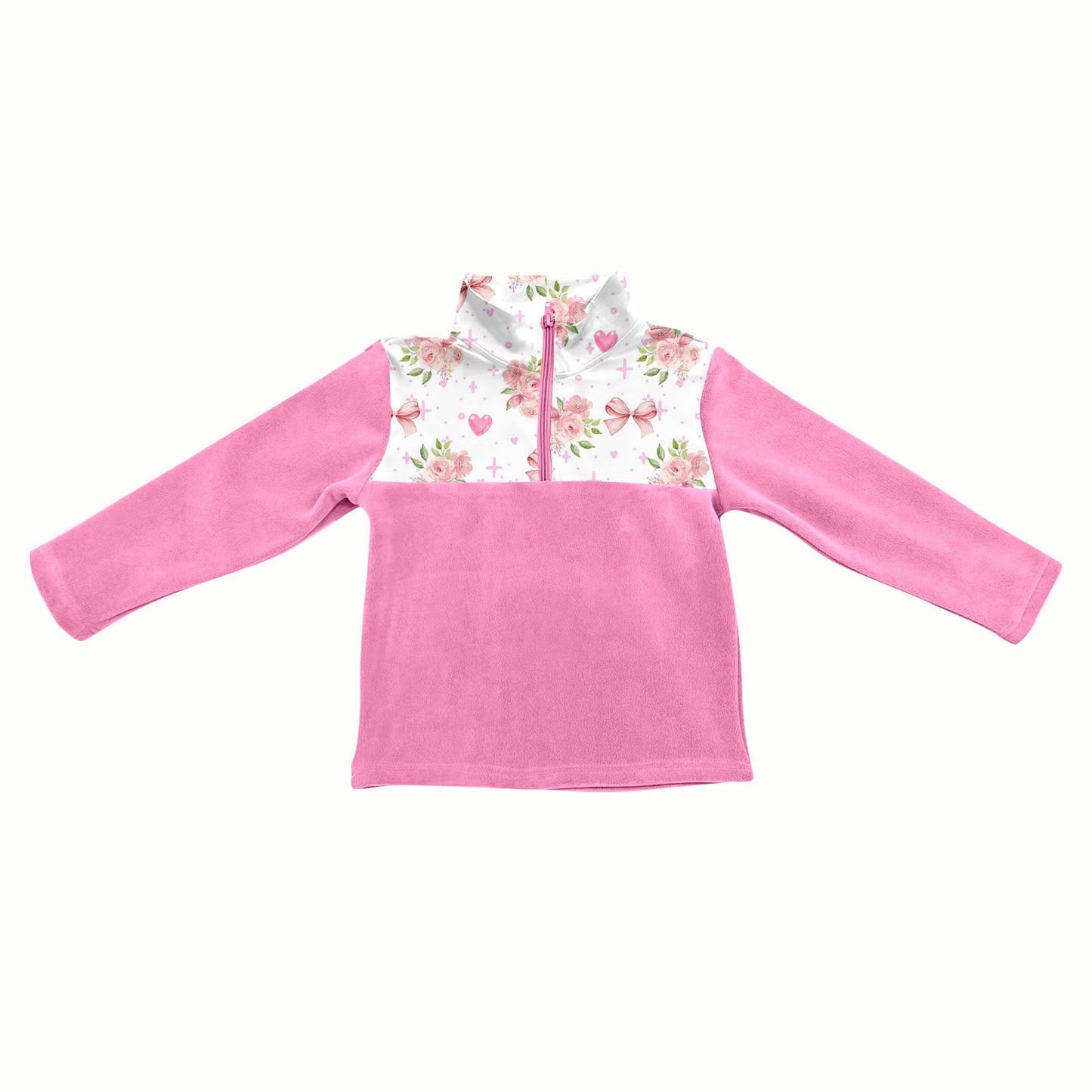Preorder(moq 5) Baby Girls Pink Hearts Flowers Half Zipper Valentines Pullovers Sweater Tops