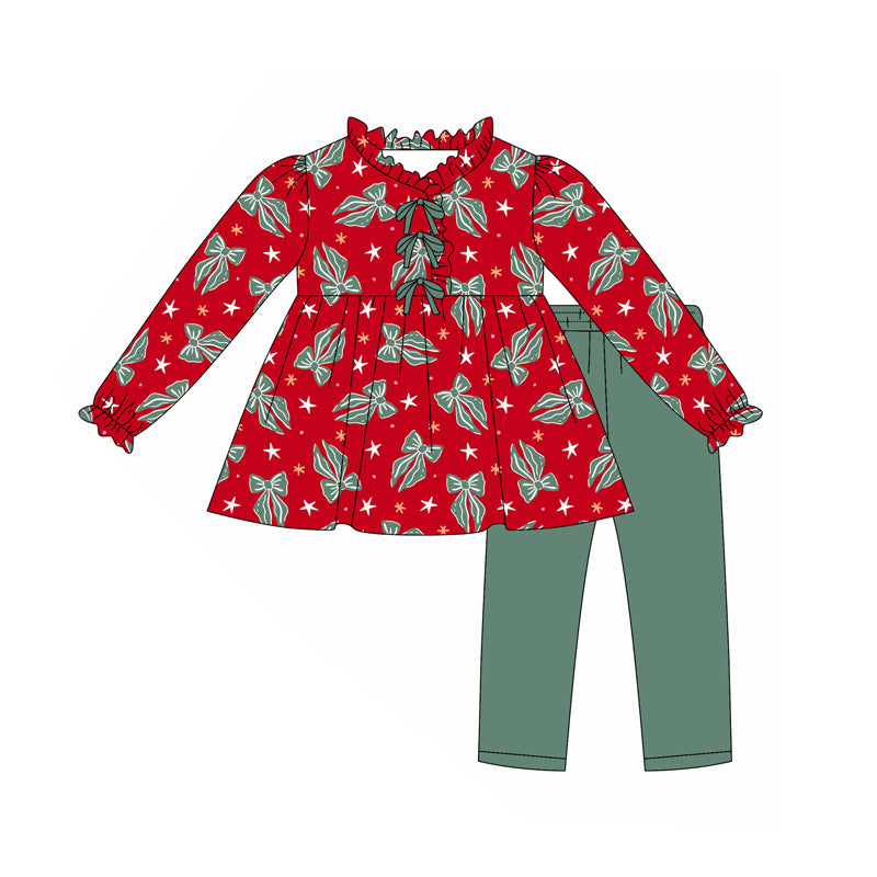 Preorder (moq 5)Baby Girls Green Bows Plaid Tunic Legging Pant Christmas Set