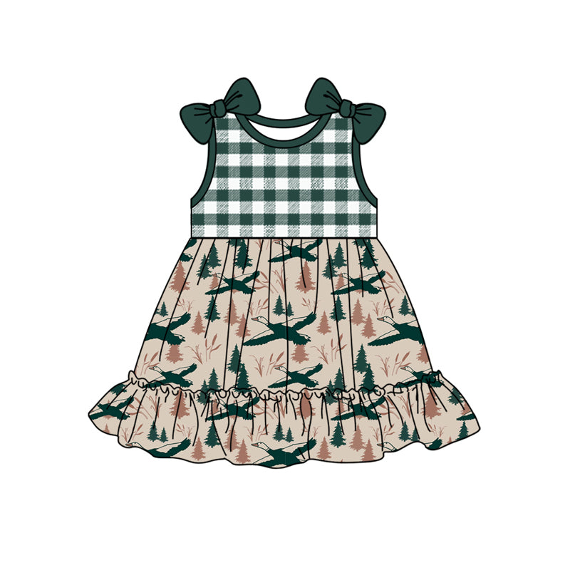 Preorder (moq 5)Baby Girls Green Bows Sleeveless Ducks Trees Knee Length Dresses Preorder