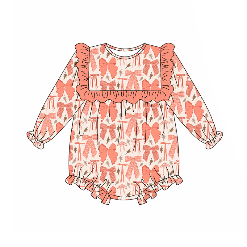 Preorder (moq 5)Baby Girls Long Sleeves Peach Leaves Bows Ruffle Rompers