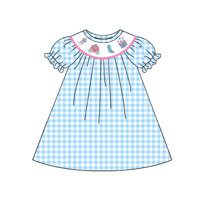 Preorder (moq 5)Baby Girls Blue Checkered Princess Print Knee Length Dresses