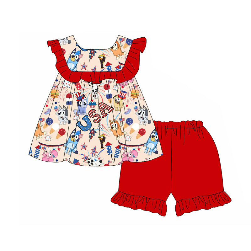 Preorder (moq 5)Baby Girls Red Sleeveless Cartoon Dogs Fireworks Tunic Ruffle Short 4th Of July Set