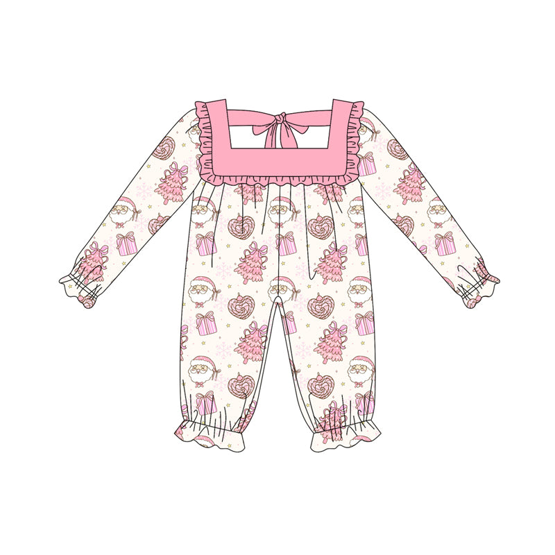 Preorder (moq 5)Baby Girls Short Sleeves Pink Santa Gifts Ruffle Pant Rompers