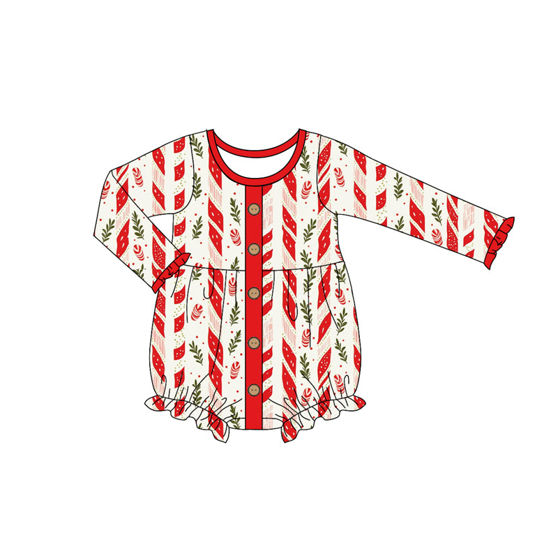 Preorder (moq 5)Baby Girls Long Sleeves Gingerbread Trees Stripes Button Ruffle Romper