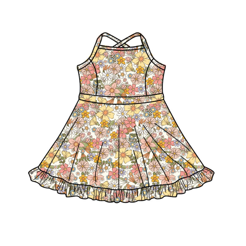 Preorder(moq 5) Baby Girls Strap Floral Shorts Ruffle Knee Length Dresses