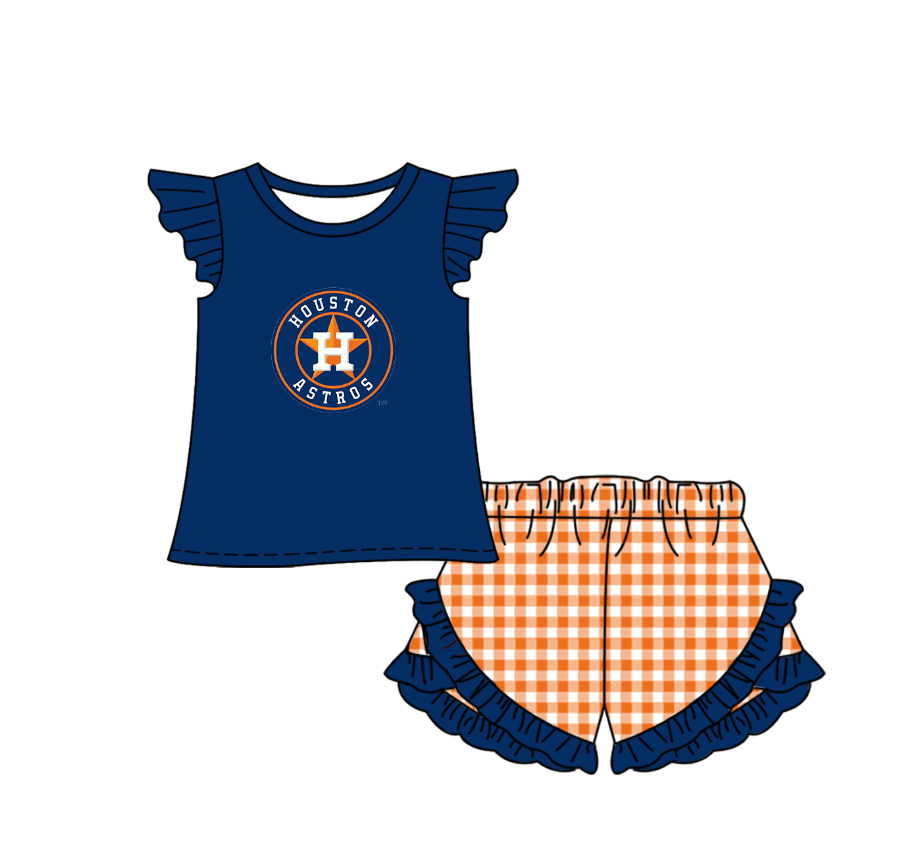 Preorder (moq 5)Baby Girls Houston Astros Shirt Top Checked Ruffle Short Team Clothes Set