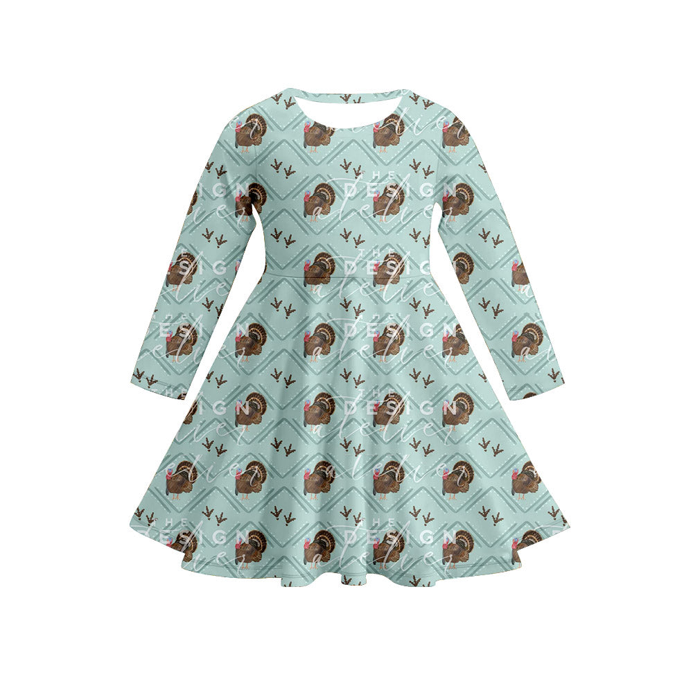 Preorder (moq 5)Baby Girls Long Sleeves Green Turkey Plaid Knee Length Dresses