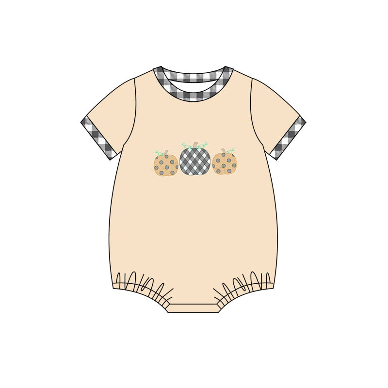 Preorder (moq 5)Baby Boys Khaki Short Sleeves Bows Pumpkins Bummies Rompers