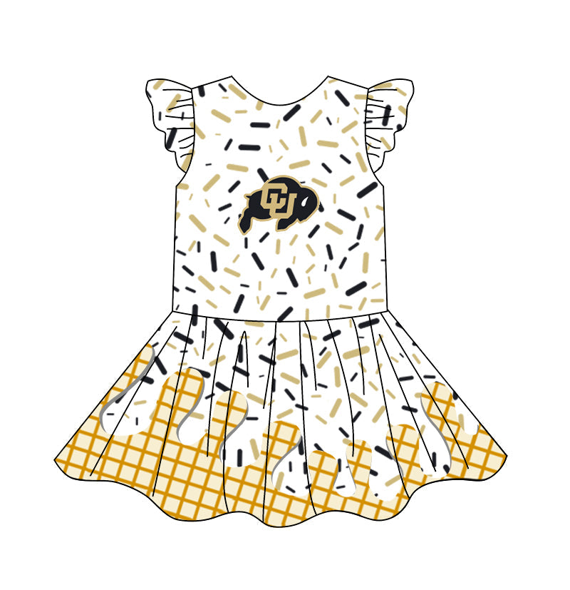 Preorder (moq 5)Baby Girls Flutter Sleeve Drip Sprinkles Team Short Knee Length Dresses