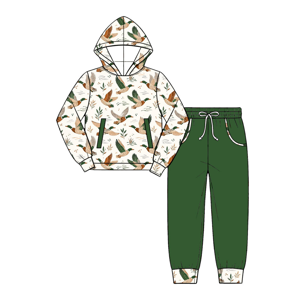 Preorder (moq 5) Baby Boy Clothes Cream Flying Mallard Duck Leaf Allover Print Long Sleeve Hoodie Jogger Pant Set