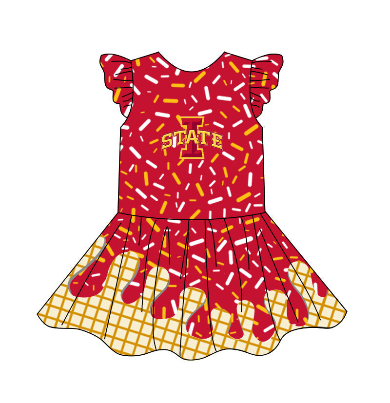 Preorder (moq 5)Baby Girls Flutter Sleeve Drip Sprinkles Team Short Knee Length Dresses
