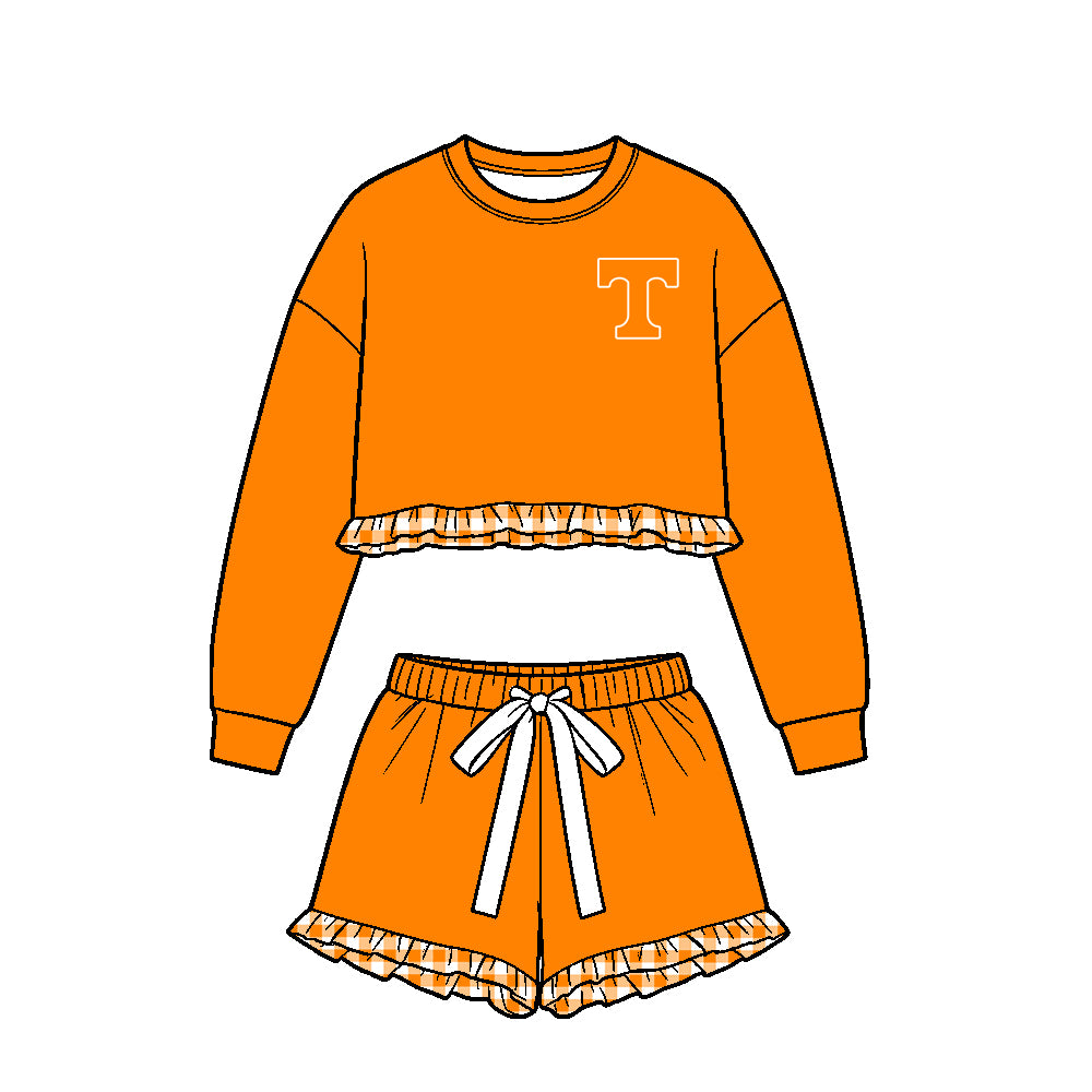 Preorder (moq 5) Girls’ Team Orange Round-Neck Long-Sleeve Ruffle Top & Matching Bow-Tie Waist Shorts 2-Piece Set
