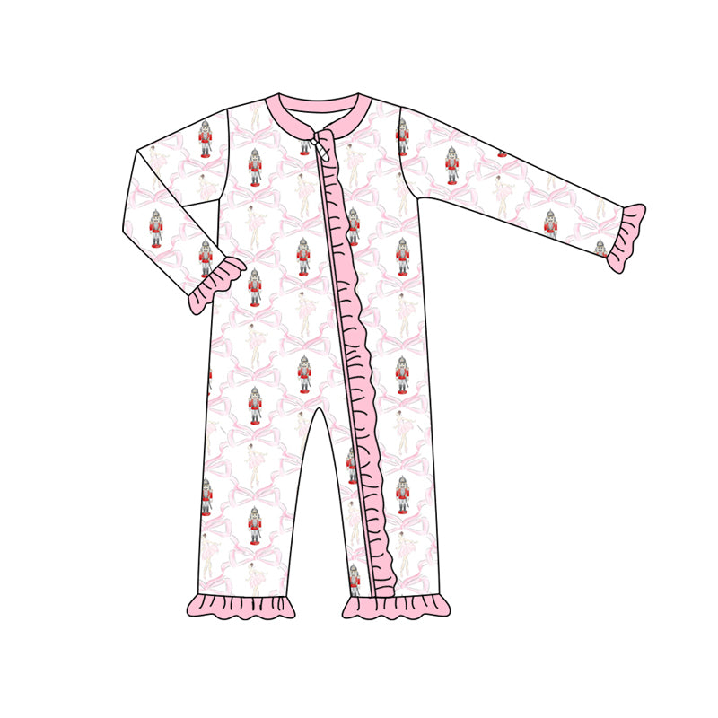 Preorder (moq 5)Baby Girls Long Sleeves Pink Bows Soldiers Ruffle Zipper Romper