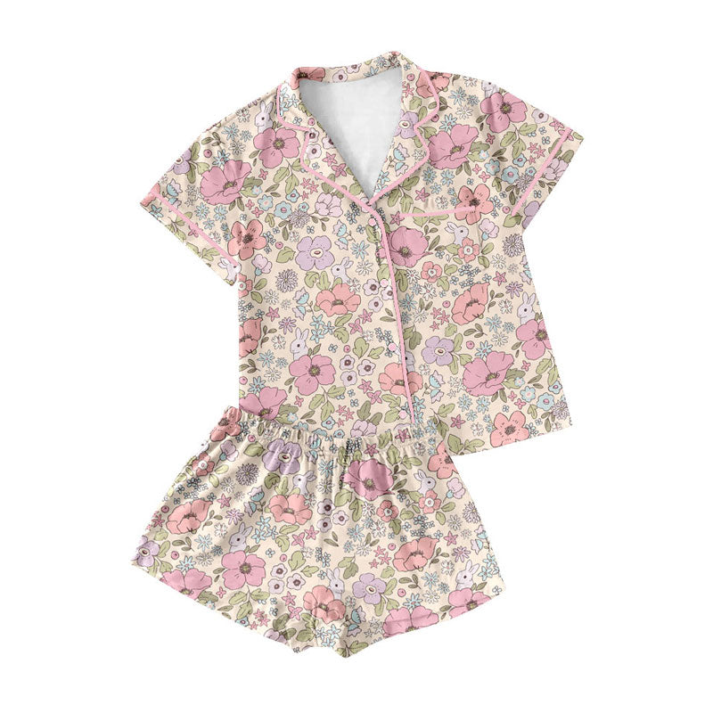 Preorder (moq 5)Baby Girls Pink Floral Rabbits Button Pocket Top Shorts Easter Pajamas Sets