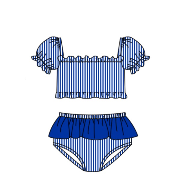 Preorder moq 5 Baby Girls Hot Blue Stripe Vest Top Bummies Short Team Swimsuits