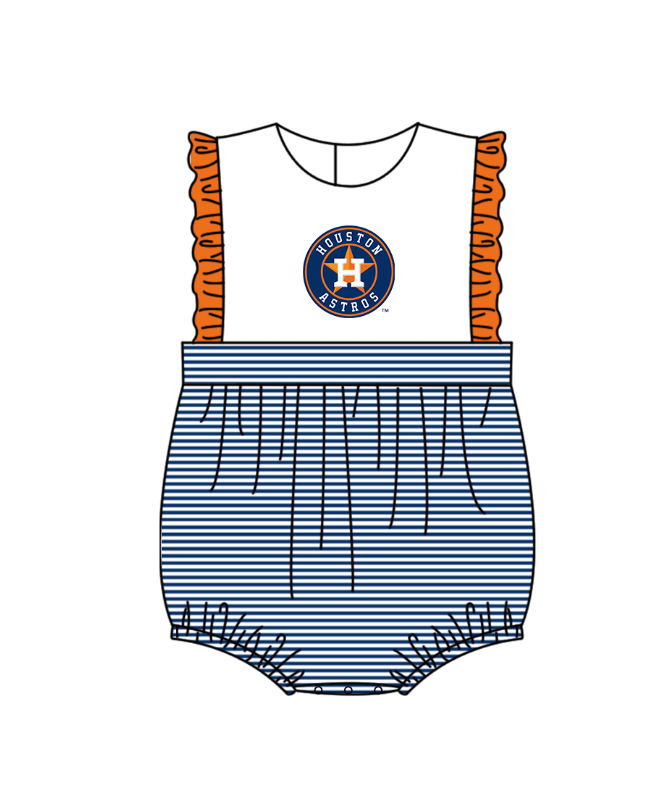 Preorder (moq 5)Baby Girls Sleeveless Houston Astros Stripe Team Ruffle Rompers