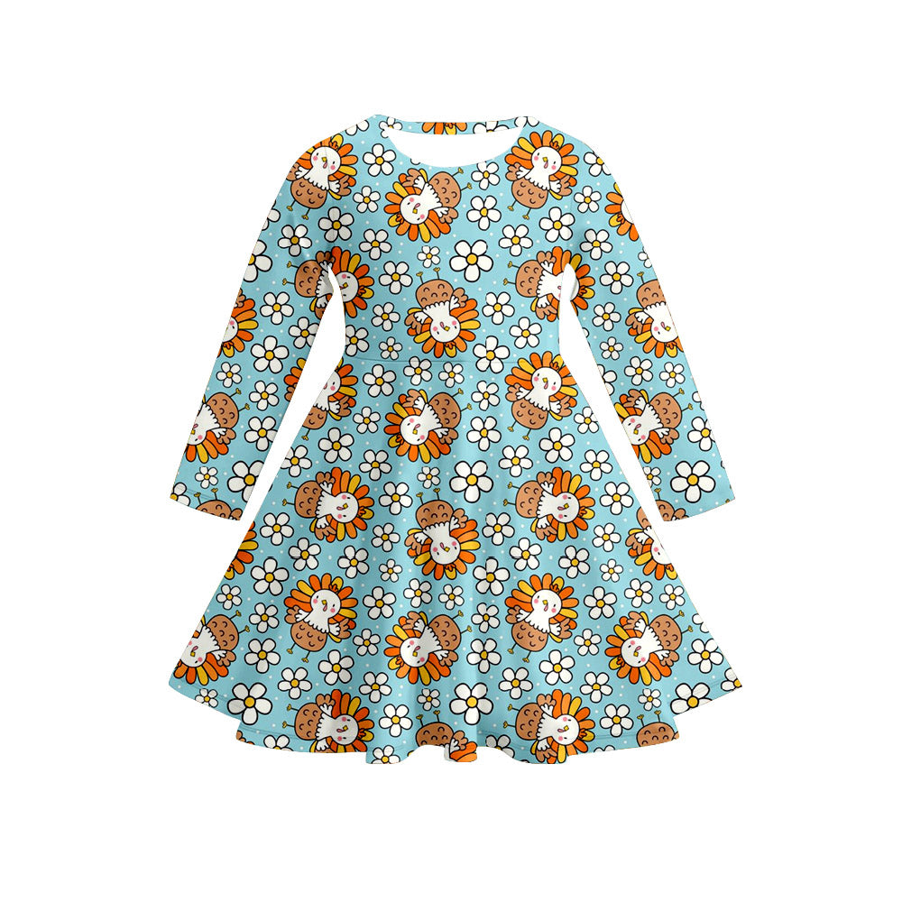 Preorder (moq 5)Baby Girls Long Sleeves Flowers Turkey Plaid Knee Length Dresses