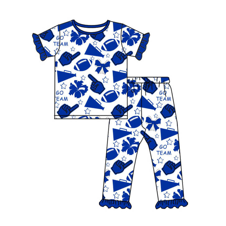 Preorder(moq 8)Baby Girls Hot Blue Bows Footballs Top Ruffle Pants Team Pajamas Sets