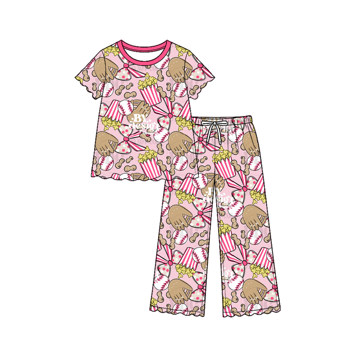 Preorder (moq 5) Baby Girl Clothes Pink Baseball Popcorn Glove Mixed Print Short Sleeve Flare Pant Pajama Set