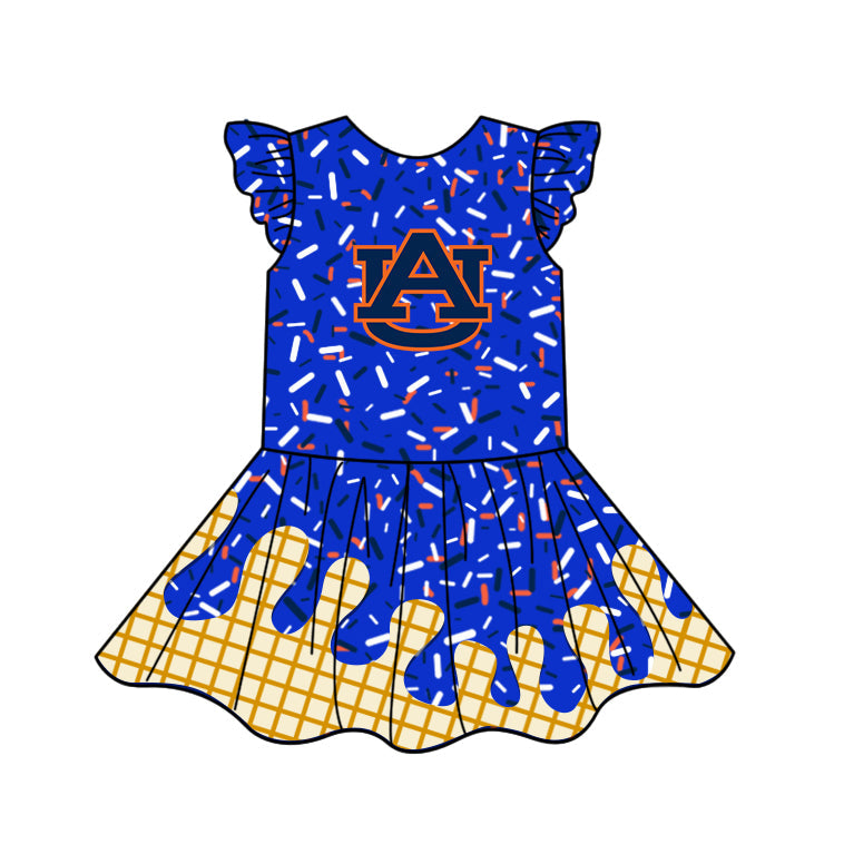 Preorder (moq 5)Baby Girls Flutter Sleeve Drip Sprinkles Team Short Knee Length Dresses