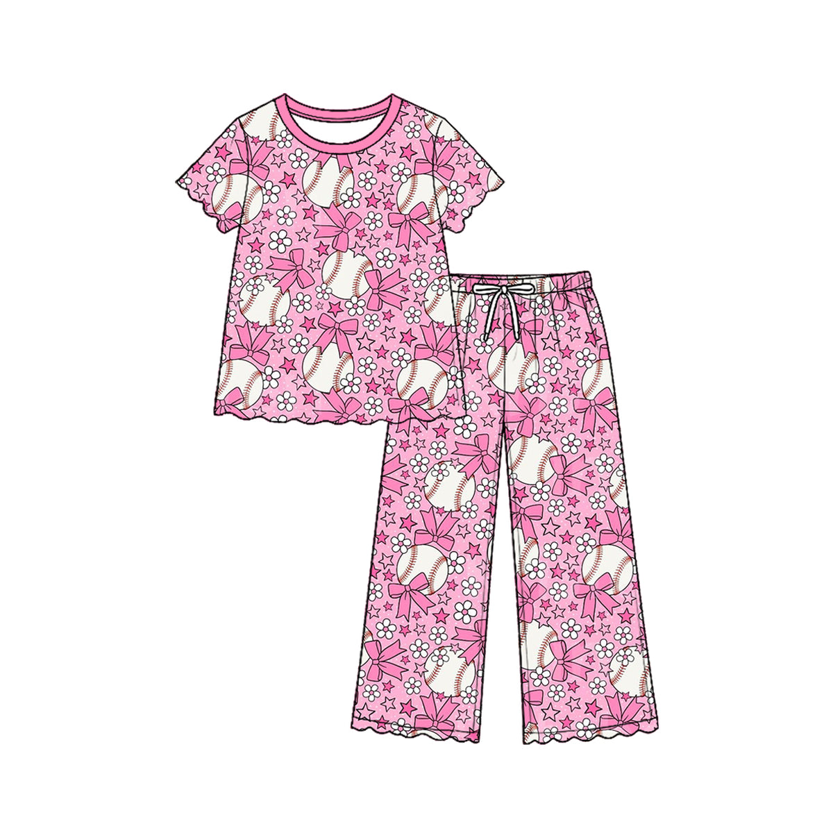 Preorder (moq 5) Baby Girl Clothes Pink Baseball Bow Star Floral Mixed Print Short Sleeve Flare Pant Pajama Set