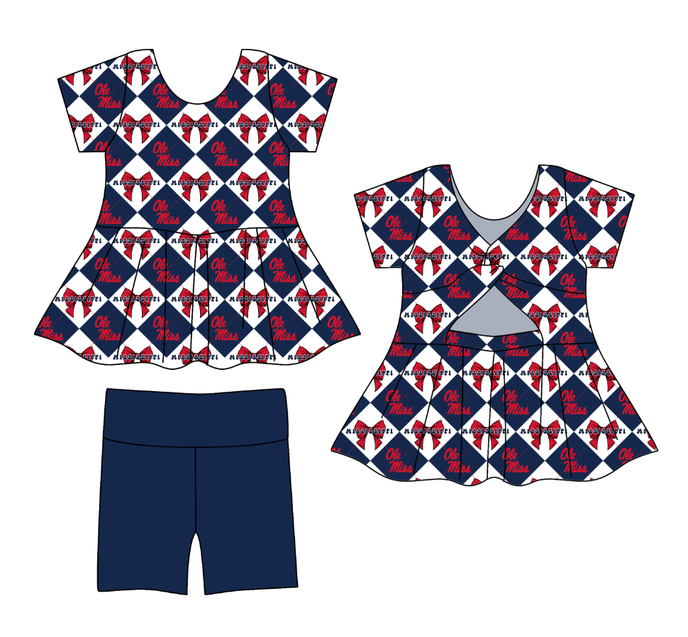 Preorder (moq 5)Baby Girls Team Bows Checked Tunic Shorts Clothes Sets