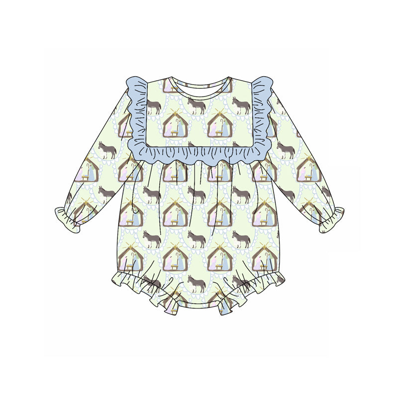 Preorder (moq 5)Baby Girls Long Sleeves Donkey Jesus Ruffle Rompers