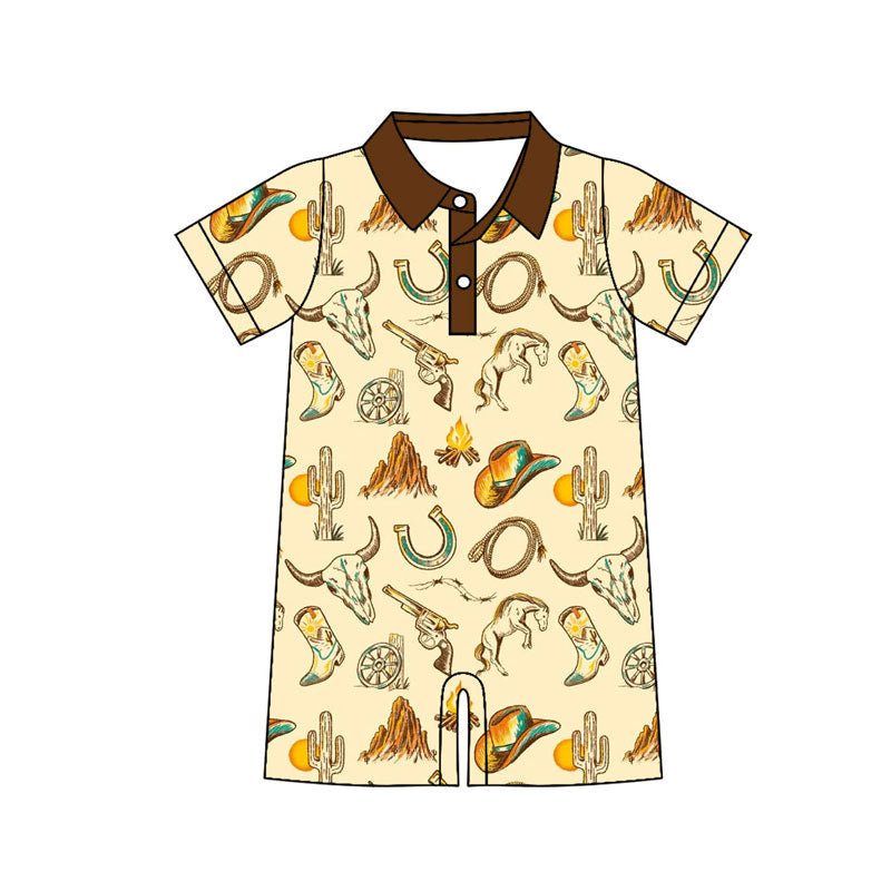 Preorder (moq 5)Baby Boys Boots Bull Skulls Button Western Shorts Rompers