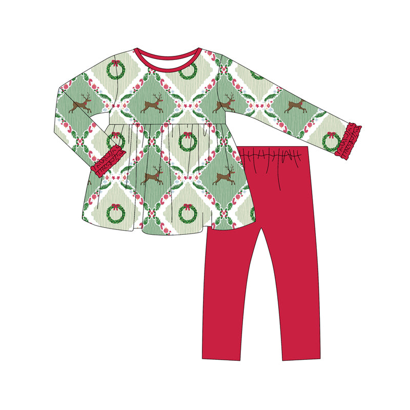 Preorder (moq 5)Baby Girls Long Ruffle Sleeves Holly Deer Plaid Tunic Red Legging Pant Sets