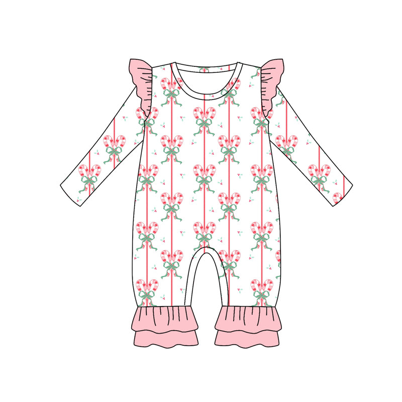 Preorder (moq 5)Baby Girls Long Sleeves Pink Bows Candy Cane Stripe Ruffle Pant Romper