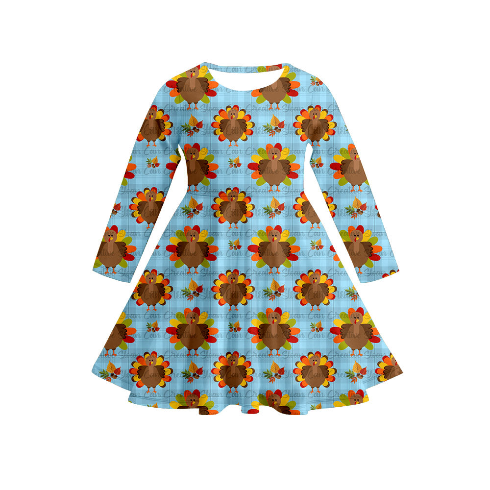 Preorder (moq 5)Baby Girls Long Sleeves Blue Leaves Turkey Plaid Knee Length Dresses